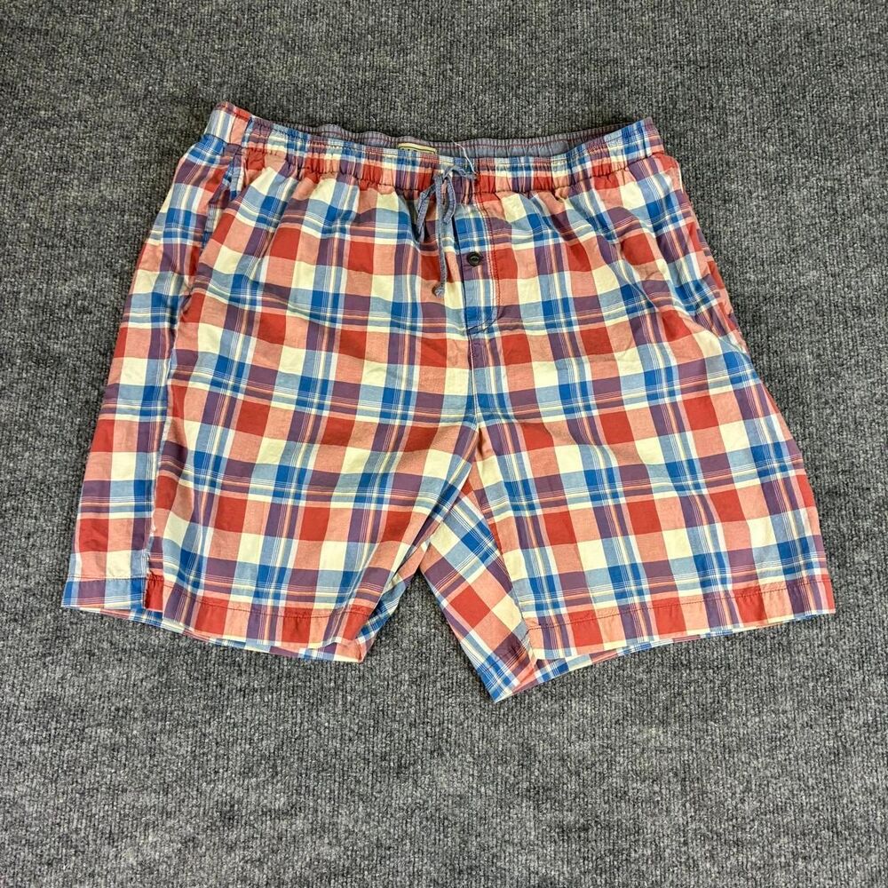 L.L.Bean Men’s XL Regular Plaid Shorts Red Blue Cotton Drawstring Casual
